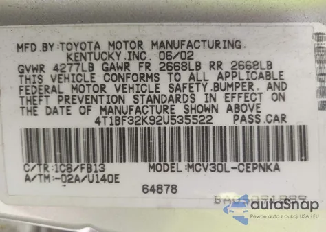 2002 Toyota Camry Le V6 z USA, uszkodzony, nr VIN 4T1BF32K92U535522